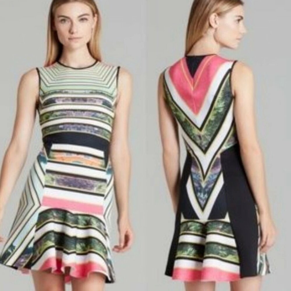 Clover Canyon Cuban Step Print Flounce Neoprene Dress Size Small Bold Colorful
